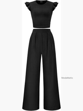 Women's Cap Sleeve Ruffle Top Wide Leg Pants Matching Set Summer Outfit